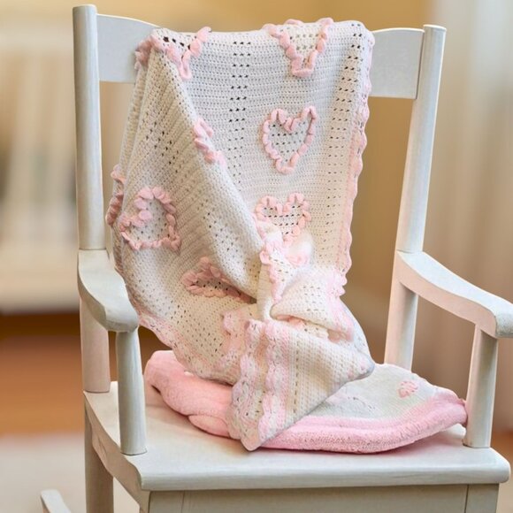 Vintage Handmade Baby Blanket for Girls White Pink Hearts Nursery Knit Throw - Picture 1 of 8